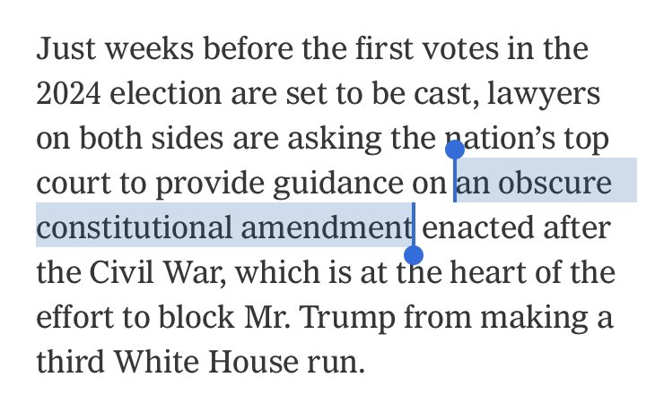 Dear New York Times, The reason the 14th Amendment is “obscure” is that insurrectionists don’t routinely run for president. The ban on insurrectionists wasn’t intended to be used all the time — only when needed. Like now. Hope that clears things up. Sincerely, Mark
