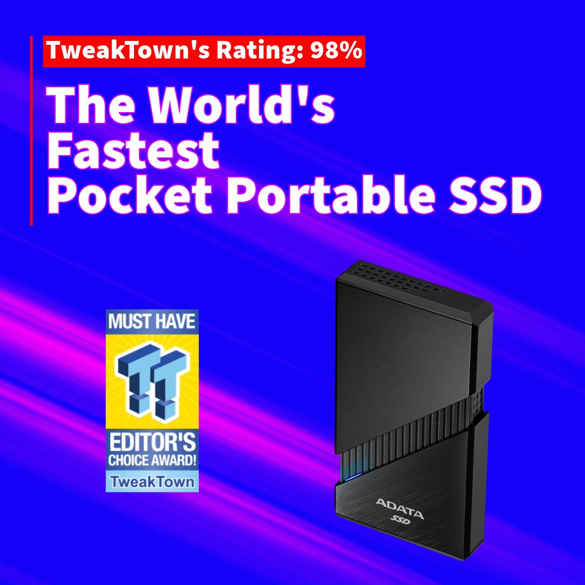 ADATATechnology's tweet photo. π Exciting News! π ADATA's SE920 External SSD has just won the prestigious Editor's Choice Award from TweakTown ! ππ
Read the full review :https://t.co/iczMCmjmhP
#ADATAExternalSSD #ExternalSSD #Datastorage #PortableStorage#EditorsChoiceAward ππΎπ https://t.co/wBluzrN05C