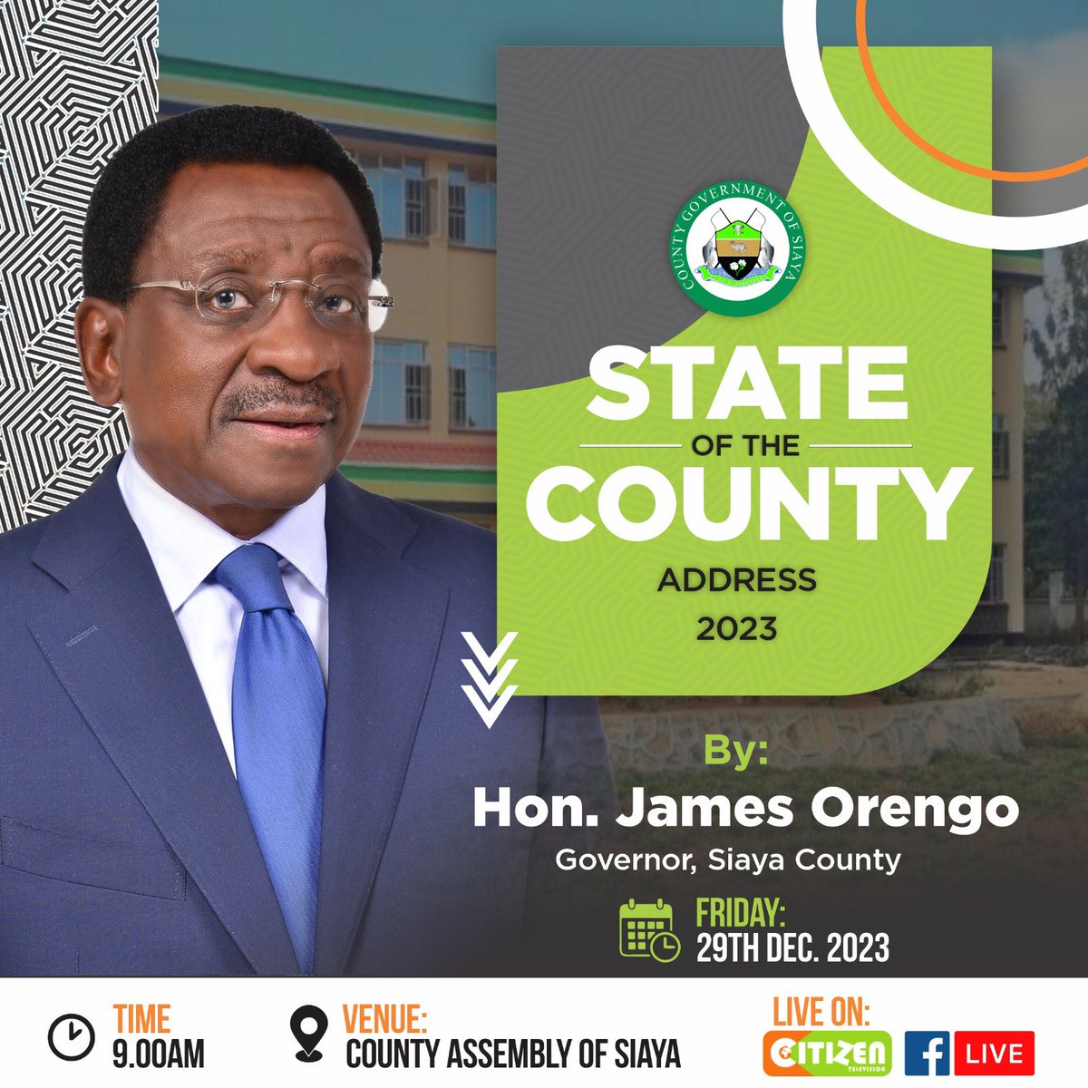 President @OgingaDerick Will be attending today's State of the County Address by H.E @orengo_james at the @Siaya_Assembly Chambers. An opportunity to witness the present and the future,a chance to engage,learn and contribute to the dialogue that shapes @of_siaya trajectory.