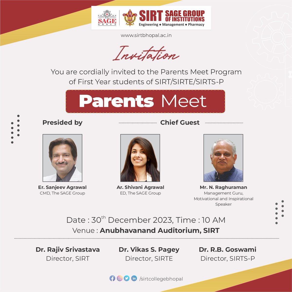 SIRT_BHOPAL's tweet photo. Department of Applied Sciences,SIRT, Bhopal  is organising a "Parents Meet" for first year students on 30th December 2023.

#departmentofappliedscience 
#parentsviews 
#parentsmeet 
#sirtfirstyear
#sirt
#thesagroup 
#thesagebhopal https://t.co/olTUA9XXwf