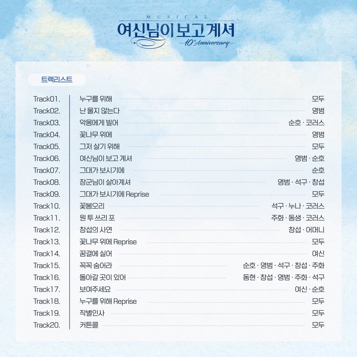 2022 뮤지컬 <여신님이 보고 계셔>
:: 10주년 기념 실황 OST 발매 관련 안내

• CD2 : 김도빈 박정원 권동호 송유택 조풍래 원우준 최연우

━
✔ 판매일정 | 1/4(목) 14:00 - 1/26(금) 23:59
✔ 판매처 | 예스24
━

🔗 연우무대 공식 트위터 (yeonwoo_tw)
#박정원 #여신님이보고계셔