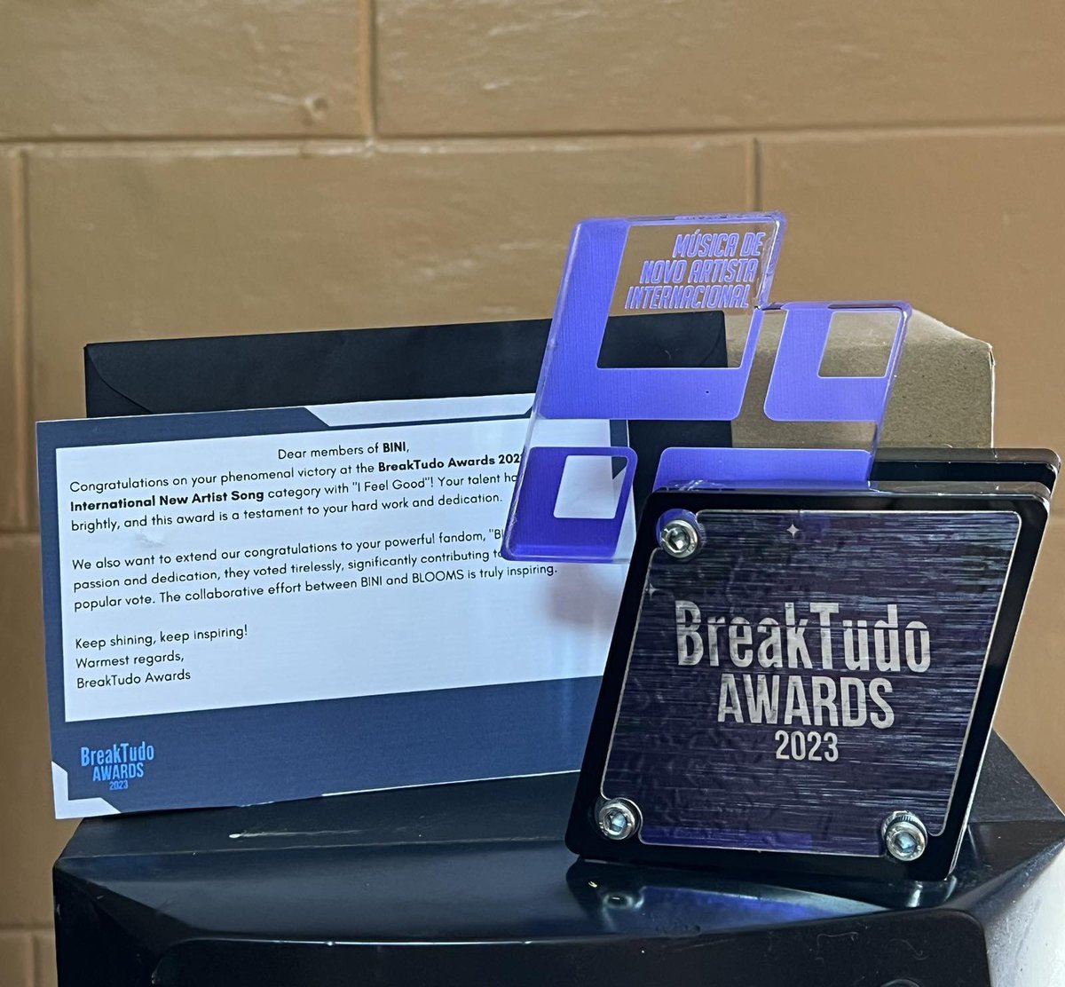 JUST ARRIVED IN THE MAIL - From Brazil! @BINI_ph’s trophy for ‘Musica De Novo Arista Internacional (International New Artist Song)’ from the BreakTudo Awards 2023 🤍 Watch their BreakTudo Awards Performance Video for ‘I Feel Good’ here: 🔗 youtu.be/b_AZQiYJxW0 #BINIph