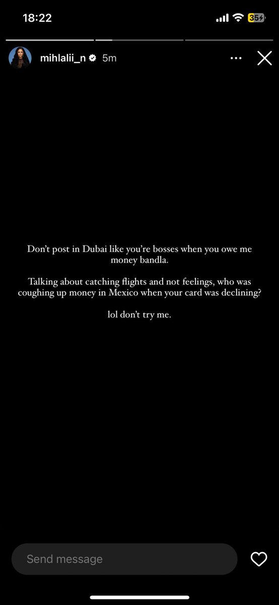 Shadaya_Knight's tweet photo. The same Mihlali who was telling women how much her rich (ex) boyfriend Leeroy gave her girlfriend allowance, spoiled her with gifts and vacations, is now saying she was the one actually giving money to him

And guess what, that's what actually happens when these baddies are dating smooth rich guys. Women never bill rich guys because they don't want to appear broke to them, as they would lose their respect. Rich guys hardly spend any money on the women they date, the women are just happy to be with a rich guy, the status that comes with it

When it's money they want, they come to bill the already struggling average guys, so they maintain their images to the rich guys. Doubt this, explain this, the chicks in your phone will post all these rich guys they claim to link with on their WhatsApp statuses, but they'll be begging you for ordinary airtime

Know this, women only make demands and have expectations on broke and average guys, when it comes to clever rich guys they do the simping

Leeroy OR perish!!!