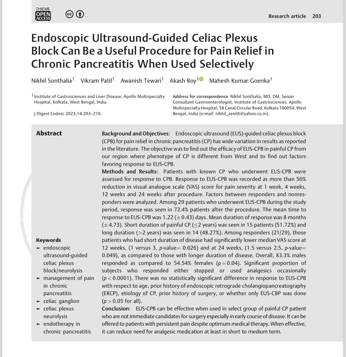nik_zenith's tweet photo. Happy to share Our experience of Endoscopic Ultrasound guided  Celiac Plexus block in chronic pancreatitis published in JDE...@ELC_APAGE @EndoCollabcom  @gastroendonews @JDEndoscopy @RoyAHep https://t.co/ma3HSSexNK
