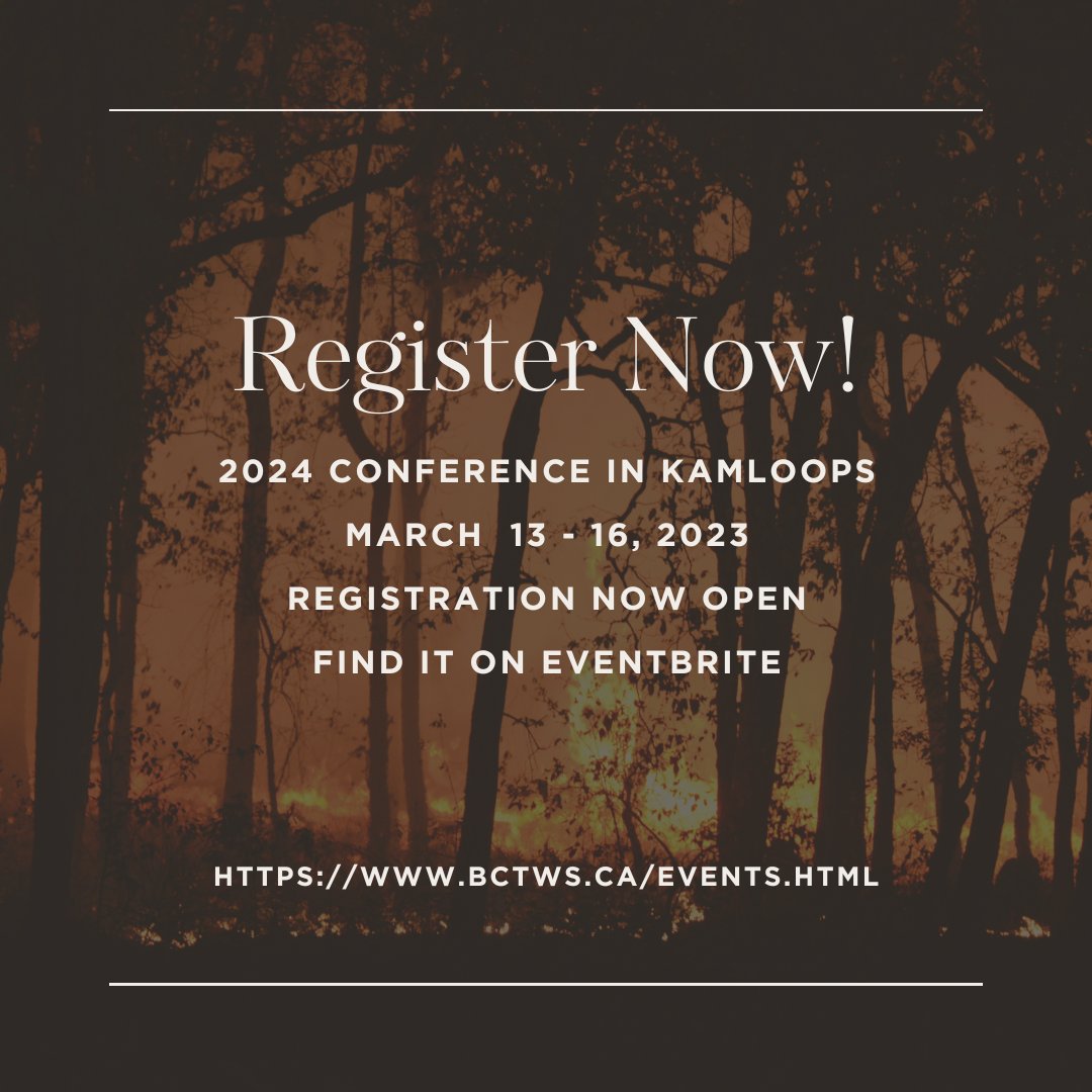Registration is now open for the conference in Kamloops, March 13-16, 2023.

Register on Eventbrite before January 30th, 2024 for early bird pricing!

eventbrite.ca/e/bc-chapter-o…

#wildlife #conference #thewildlifesociety #wildfire
