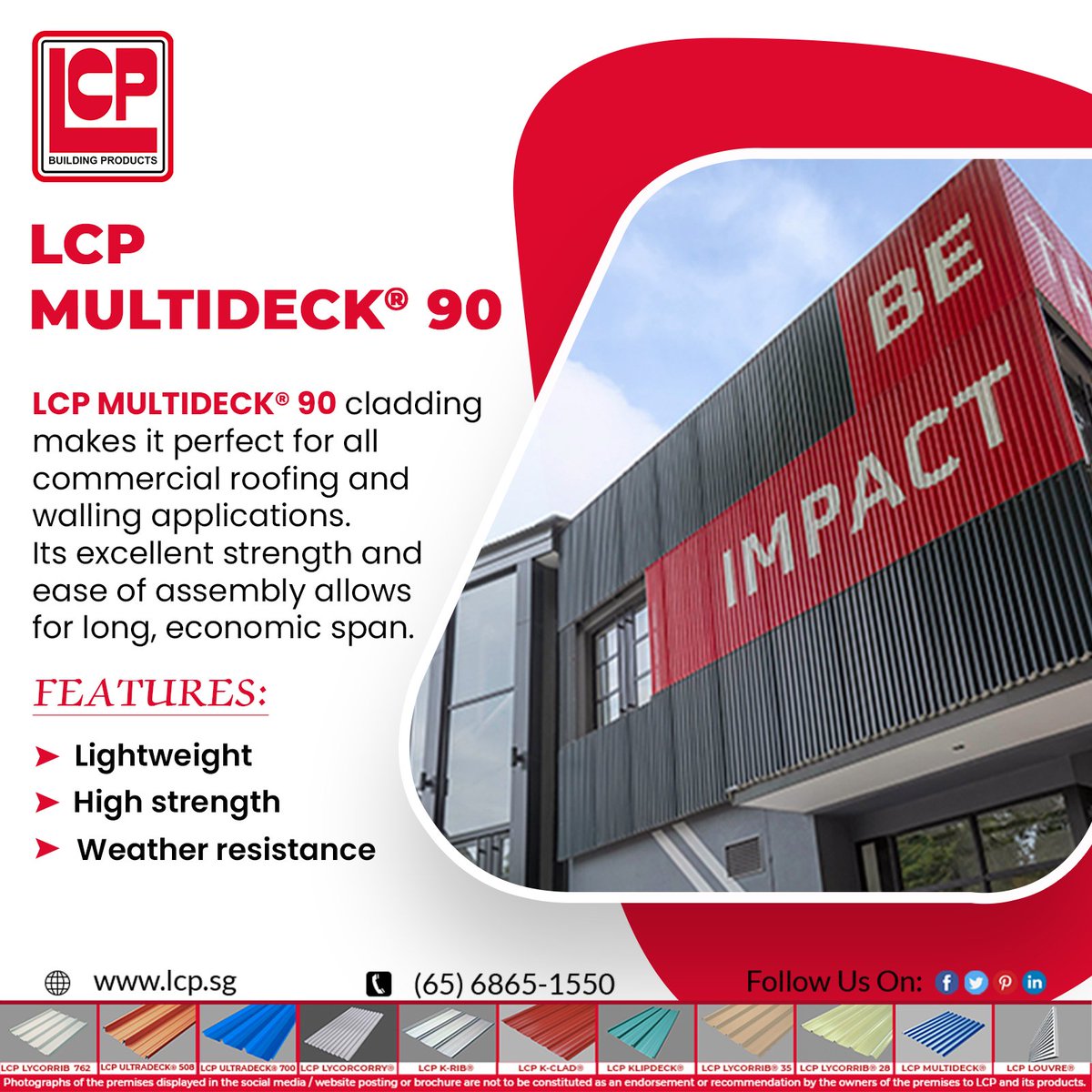 LcpSingapore's tweet image. Unleash the versatility of LCP MULTIDECK® 90 roofing sheets the ultimate choice for projects that reach for the sky! 
Product Features:
· Lightweight.
· High strength.
· Weather resistant.
· Run for a long time.
Contact LCP BUILDING PRODUCTS PTE. LTD. for more info.
#multideck90