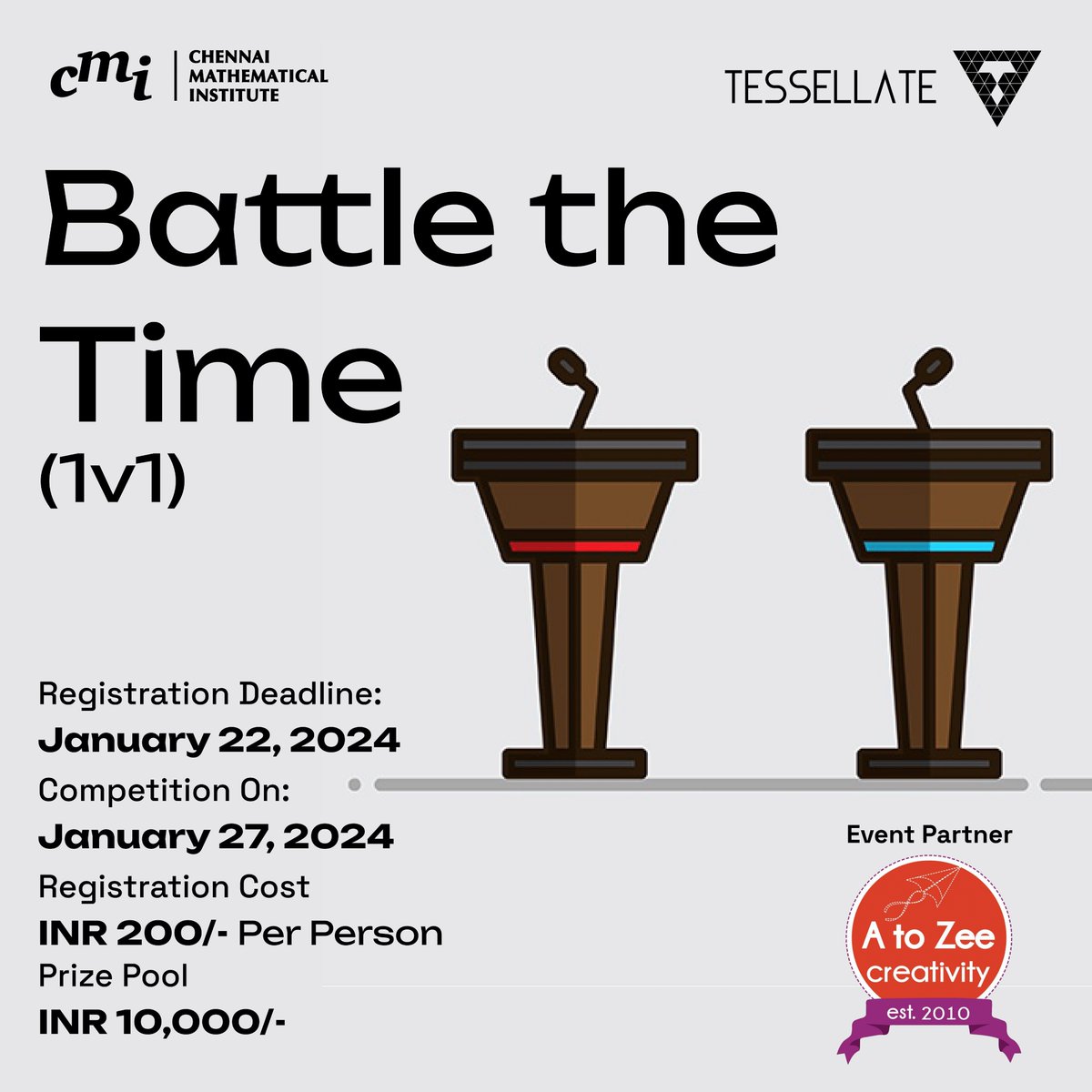 CMITessellate's tweet photo. A snappy one-on-one debate where your arguments must keep pace with the unpredictable bell chime. Can you effectively convey yourself before time runs out?
This year, we are pleased to say our debate events will be judged by a panel from A to Zee creativity. https://t.co/plHefoJCQU