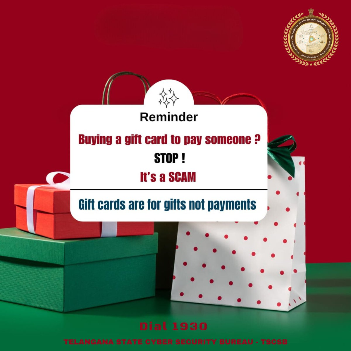 let's spread joy, not vulnerability. Stay cyber-safe during this new year holidays! Protect your online presence. Immediately #Dial1930 to report online financial fraud to increase the chances to save your money. Report any #cybercrime at cybercrime.gov.in #GiftCard #TSCSB
