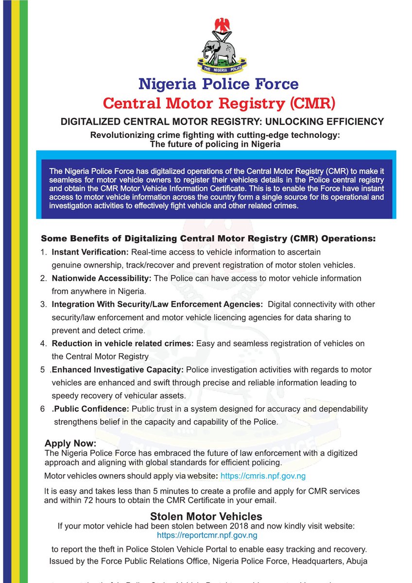 PoliceNG's tweet photo. Central Motor Registry Portal
https://t.co/jHdPkM5PVu
Portal for Reporting Vehicle Theft
https://t.co/ckAR4wBGD0 https://t.co/LZizAlZt8g