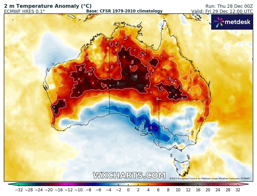 Records are falling every day in AUSTRALIA.
Last monthly records today were:
36.7C Ngayawili
28.5C Lord Howe Island
Also Tmin 28.2C at Rainbow Beach,Queensland, short POR but the highest on record for any month.
Exceptional heat is unfolding in the NW from Dec 30th to 2nd Jan.