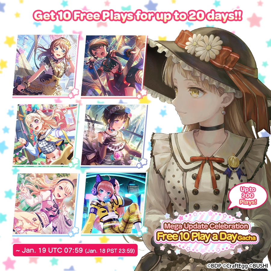 bangdreamgbp_EN's tweet photo. Don't miss out on the current Free 10 Play a Day Gacha!✨
Log in daily to get up to 200 free plays!

Gacha Period: ~ Jan. 19 UTC 07:59 (Jan. 18 PST 23:59)

Download Now: https://t.co/12PWjIOXAa https://t.co/8hAm9W2BdN