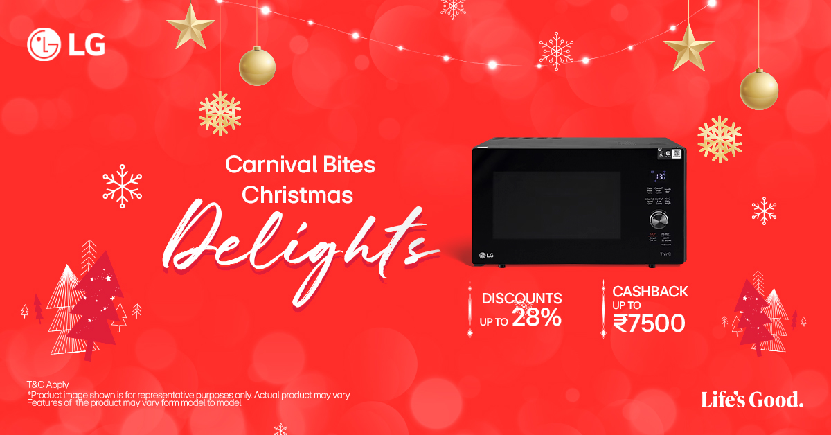 LGIndia's tweet photo. Bake up a storm this festive season! Get warm discounts up to 28% and cashback up to ₹7,500.
Know more at https://t.co/cR9HTmSxlv
#LGGreatSeasonsCarnival #GreatSeasonsCarnival #LGMicrowaveOven #ScanToCook #Microwave #Offers #Christmas #Deals #LifesGood #LG #LGIndia https://t.co/WlJvzX4qWE