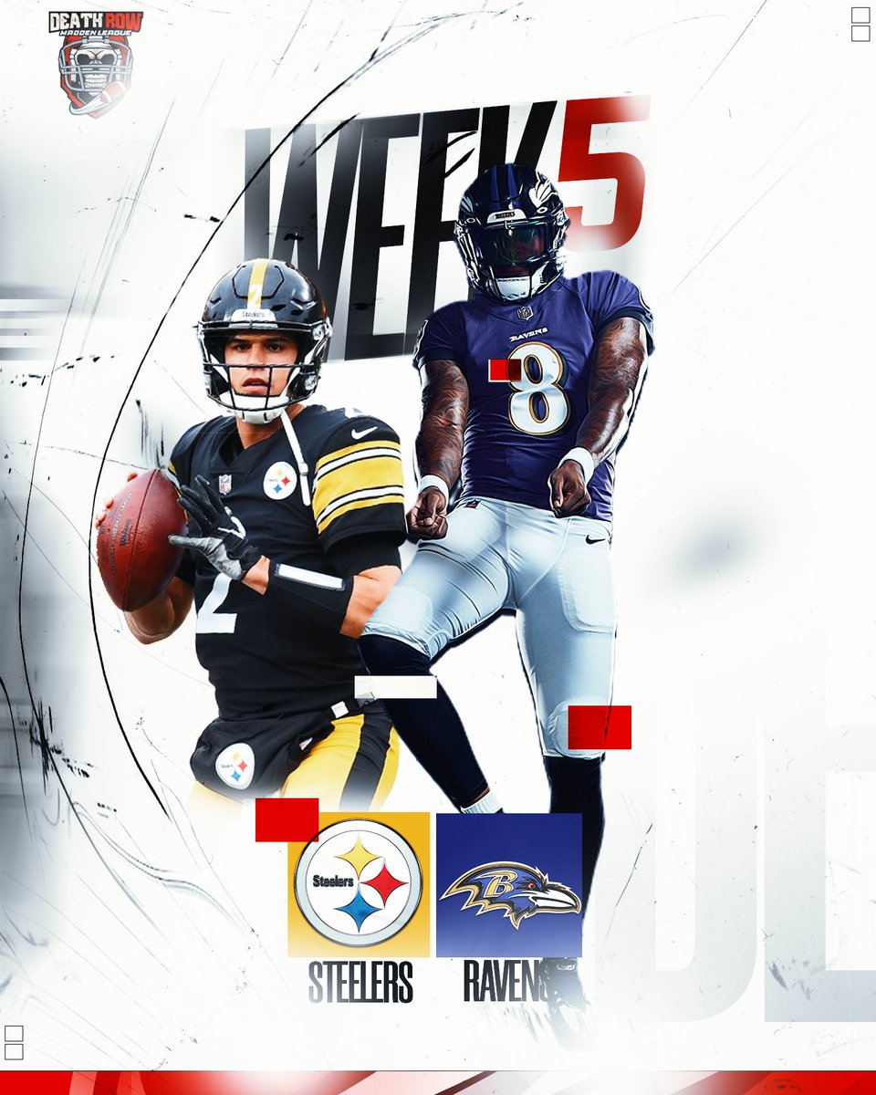 DeathRowLG's tweet photo. SEASON 5 WEEK 5 GAME OF THE WEEK IS HERE  

Steelers (3-1) vs Ravens (4-0)

Superbowl Rematch from Season 4 who will come out on top!

#FixFranchise #DeathRowLG #FranchiseNation
@NeonSportz | @ORLOutlaws | @OrlOutlawEsport https://t.co/GAWsP7JrZ3