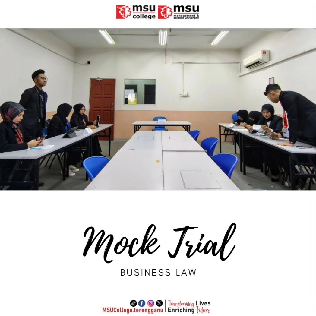 MSUcollege_trg's tweet photo. This mock trial session is important to expose students to the actual procedure of court cases and promoting confidence in public speaking.
#msucollegeterengganu
#msumalaysia
#msu4life πΊ
#lovefromMSU
#MSUrians
#go2MSU πΊ
#mocktrial
#businesslaw https://t.co/8YTew4nUL8