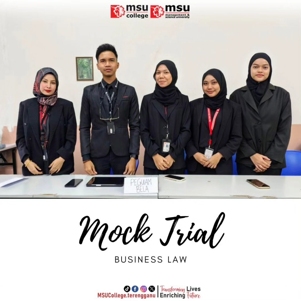 MSUcollege_trg's tweet photo. This mock trial session is important to expose students to the actual procedure of court cases and promoting confidence in public speaking.
#msucollegeterengganu
#msumalaysia
#msu4life πΊ
#lovefromMSU
#MSUrians
#go2MSU πΊ
#mocktrial
#businesslaw https://t.co/8YTew4nUL8