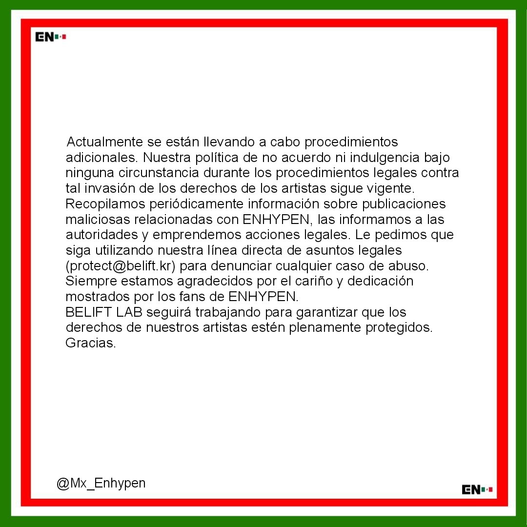 Mx_Enhypen's tweet photo. [COMUNICADO] 📢 #ENHYPEN #엔하이픈 231229

Traducción del comunicado de BELIFT en Weverse sobre la actualización sobre procedimientos legales contra la violación de los derechos de los artistas.

⬇️ Traducción en las imágenes ⬇️

@ENHYPEN_members 
© 🌟🐧 Enhypen México 🇲🇽 https://t.co/scb711xd9D