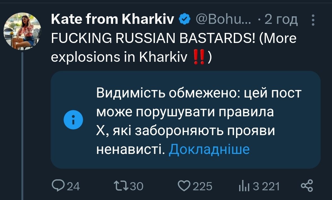 BohuslavskaKate's tweet photo. Hi @X . So, my post contains expressions of hatred? What am I to express while russians bombing the city full of civilians,  with all of my family, friends, and myself in it? https://t.co/VAdClGQ7Pq