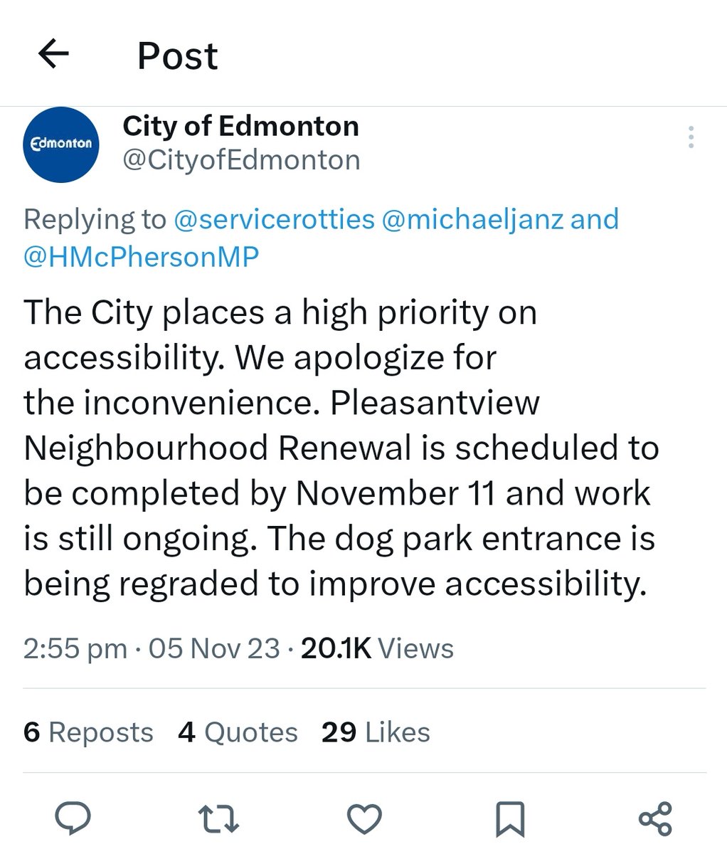 It's day 53 of reminding the <a href="/CityofEdmonton/">City of Edmonton</a> that barriers to accessibility for persons with disabilities are NOT inconveniences. 

Admin note: 
I'm horribly ill this evening. If you know me, it takes a lot to completely stop me. I even had to summon the emergency dog walker