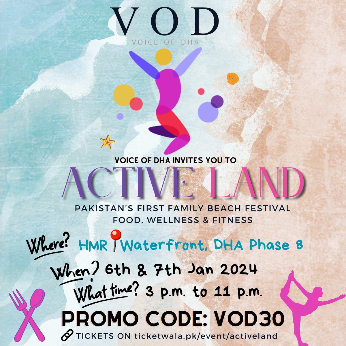 voiceofdha's tweet photo. Pakistan's first family beach festival VOD Active Land! Use Promo Code "VOD30" on the link to avail a 30% off discount on your tickets!

https://t.co/Cv5utN1Huh

(Ticket Link)

📅 Date: 6 &amp; 7 January, 2024
📍 Venue: HMR WaterFront

#voiceofdha #karachi #ActiveLand #hmrwaterfront https://t.co/qVxEjOhK3o