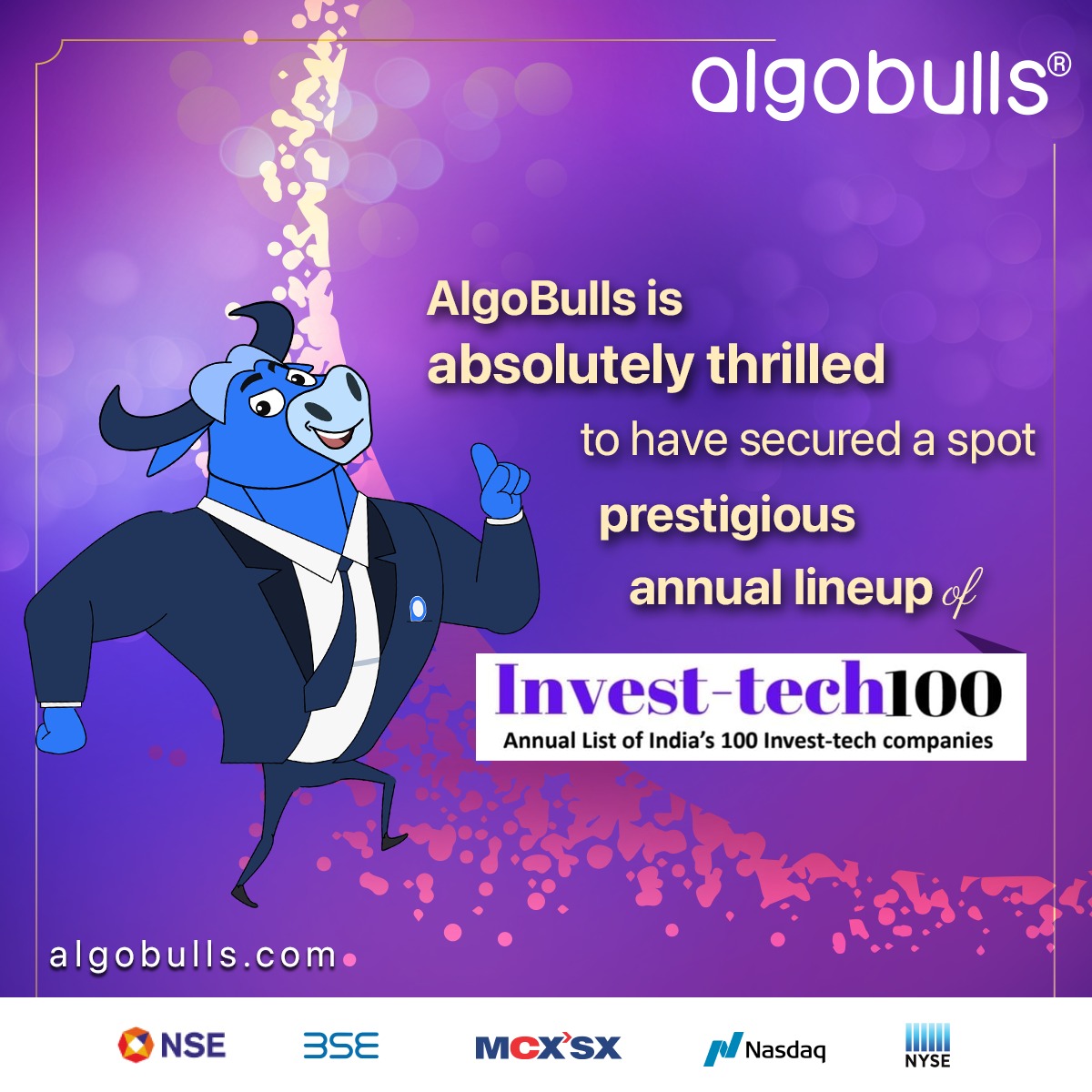 AlgoBulls's tweet image. AlgoBulls is beyond thrilled to announce that we've clinched a coveted spot in the esteemed annual lineup of India's top 100 invest tech companies!

#AlgoBulls #InvestTech #Top100