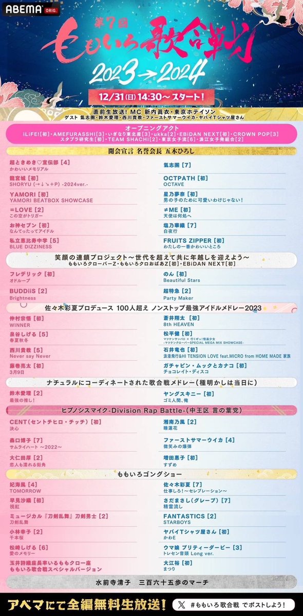 buddiis's tweet photo. ／
  ももいろ歌合戦🍑
  タイムテーブルが公開🕰
＼

12/31(日) #アベマ にて
8時間全編無料生放送📺
大晦日は @ABEMA  でお会いしましょう🙌

応援コメントは「 #ももいろ歌合戦 」を
つけてお願いします✨
https://t.co/xc79LlDekg

#BUDDiiS #バディ https://t.co/wf6NUUr5eM
