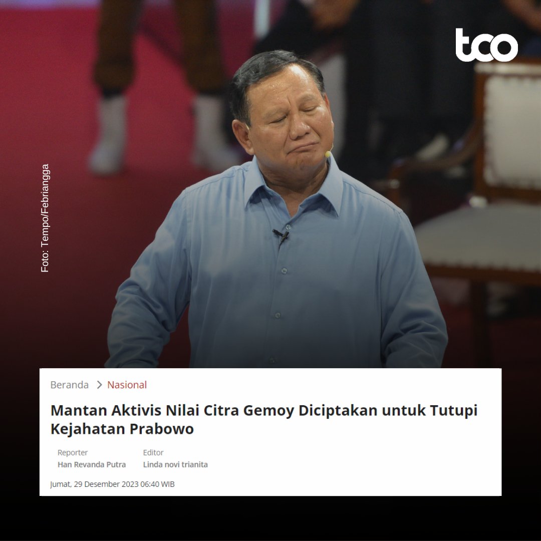 Tokoh aktivis lulusan Institut Teknologi Bandung atau ITB era 1970-an, Sukmadji Indro Tjahyono, menilai citra gemoy diciptakan untuk menutupi jejak pelanggaran HAM Prabowo Subianto pada masa lalu.

#TempoHeadliner #Prabowo