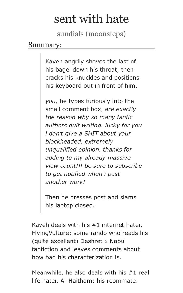 clamsteps's tweet photo. hello friends once again i wrote a haikaveh fic because i hate them. 17k words, college au, identity porn

kaveh writes fanfiction and alhaitham is his hater polluting his comments section. they are also roommates irl but ofc they dont know that 🌱🌱🌱

https://t.co/40Dkz7gsNS https://t.co/19yAEvNFfs