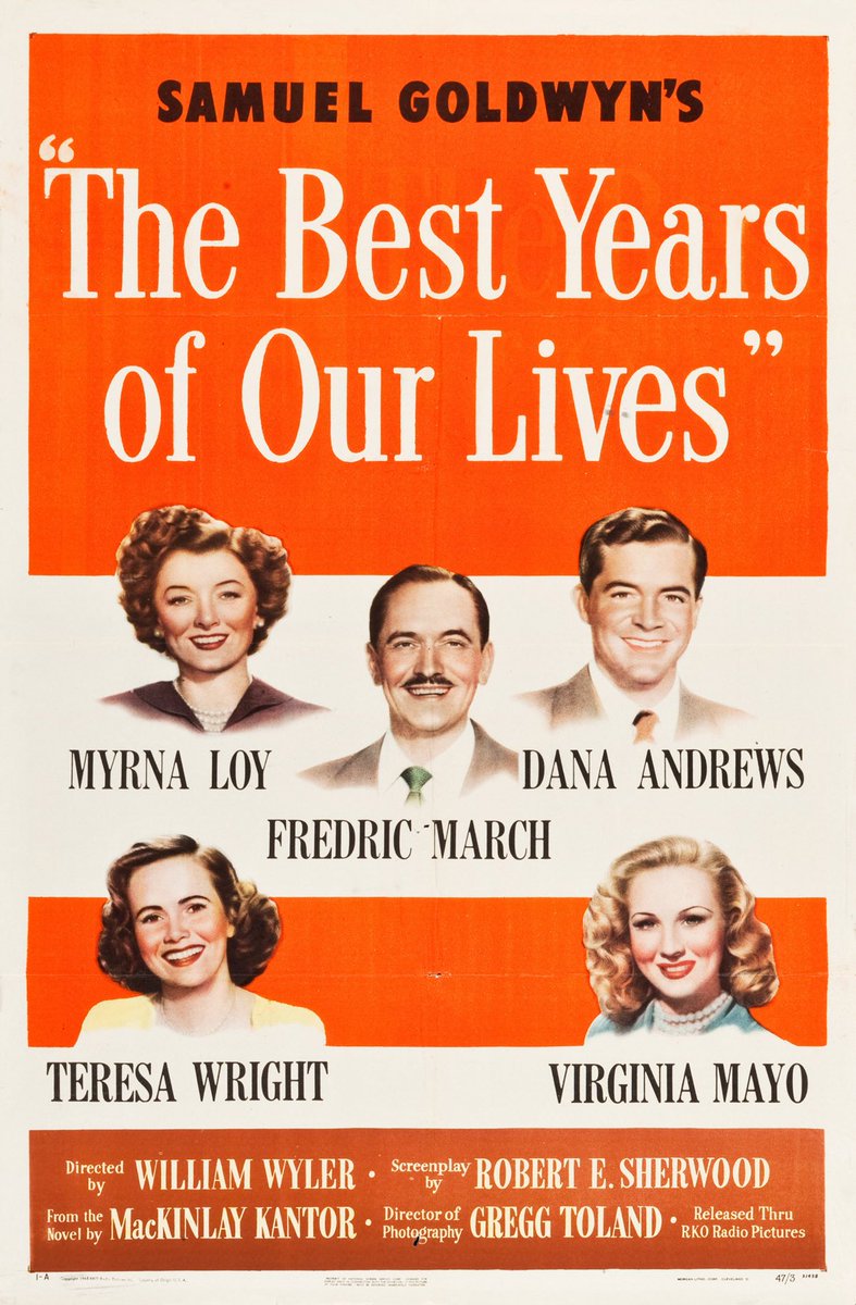 FrankMalfitano's tweet photo. ANOTHER 100 FILMS I LOVE (IN NO ORDER) 26: Beautifully made 1946 #SamGoldwyn production directed by #WilliamWyler about #WWII vets readjusting to civilian lives, deeply moving with great cast #RobertSherwood ✍🏻 #GreggToland 🎥 #FredericMarch #MyrnaLoy #DanaAndrews #TeresaWright https://t.co/U1Uy5IZ5Vt