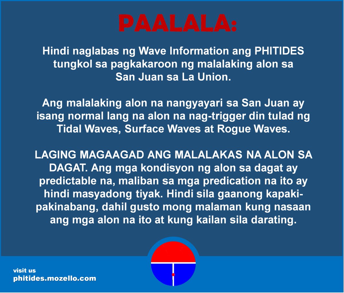 PAALALA:

Ang malalaking alon na nangyayari sa San Juan ay isang normal lang na alon na nag-trigger din tulad ng Tidal Waves, Surface Waves at Rogue Waves.

For more information you can visit us in: phitides.mozello.com

#WavePH #SanJuanLaUnion
#WavesUpdate #PHITIDES