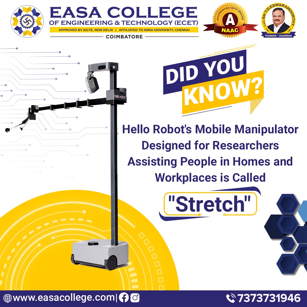 EasacollegeC's tweet photo. Did You Know?
Stretch by Hello Robot is the cutting-edge mobile manipulator designed to assist people in homes and workplaces.
Source: https://t.co/IJtjWtljSg
#EASA #ECET #EasaCollege #EngineeringFacts #Technology #Innovation #HelloRobot #StretchRobot #Robotics #DidYouKnow https://t.co/pSqvu5SSnZ