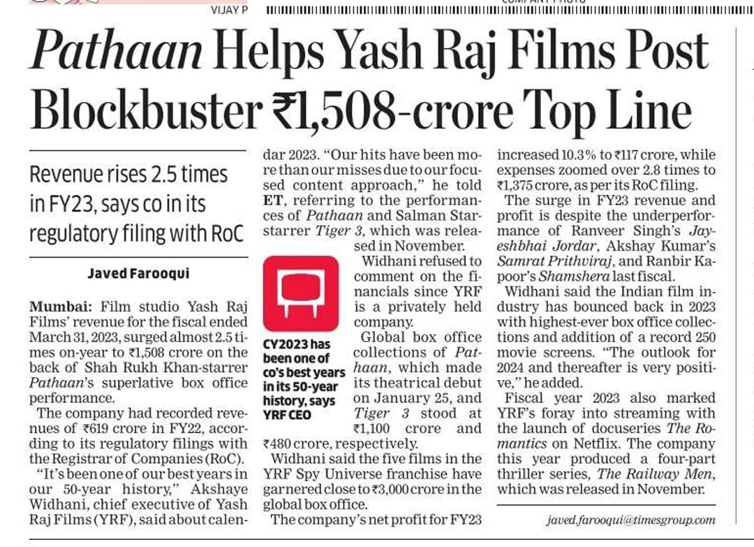 BrijwaSRKman's tweet photo. #Pathaan helps YRF 🔥🔥
Revenues rises 2.5x in FY23

A special film. An incredible feat

Megastar @iamsrk ❤️ https://t.co/ofxrQ54k6I