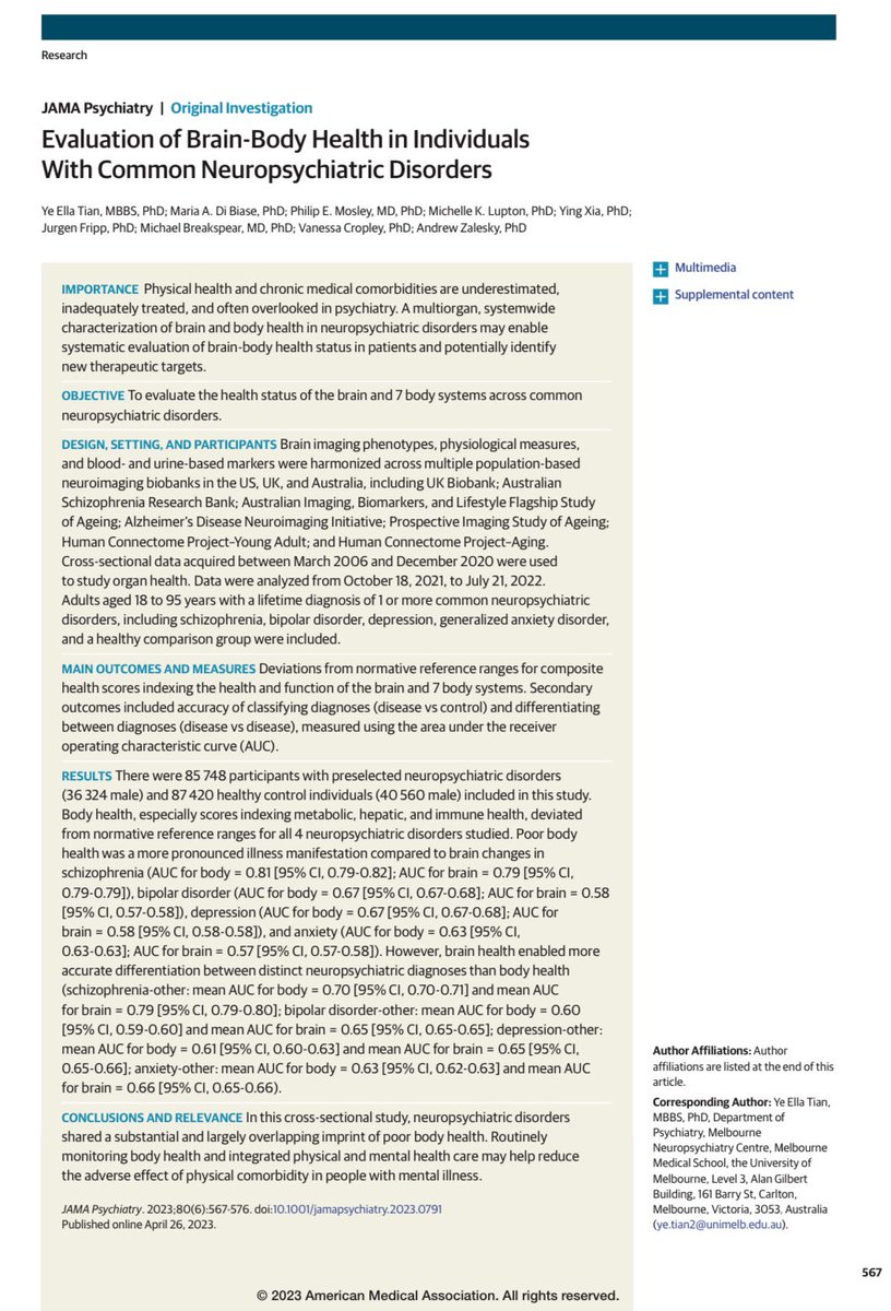 🥇Top Viewed in 2023 in JAMA-Psychiatry @JAMAPsych @dost_ongur Evaluation of Brain-Body Health in Individuals With Common Neuropsychiatric Disorders - Ye Ella Tian @yetianmed Andrew Zalesky @AndrewZalesky @UniMelb & colleagues jamanetwork.com/journals/jamap…