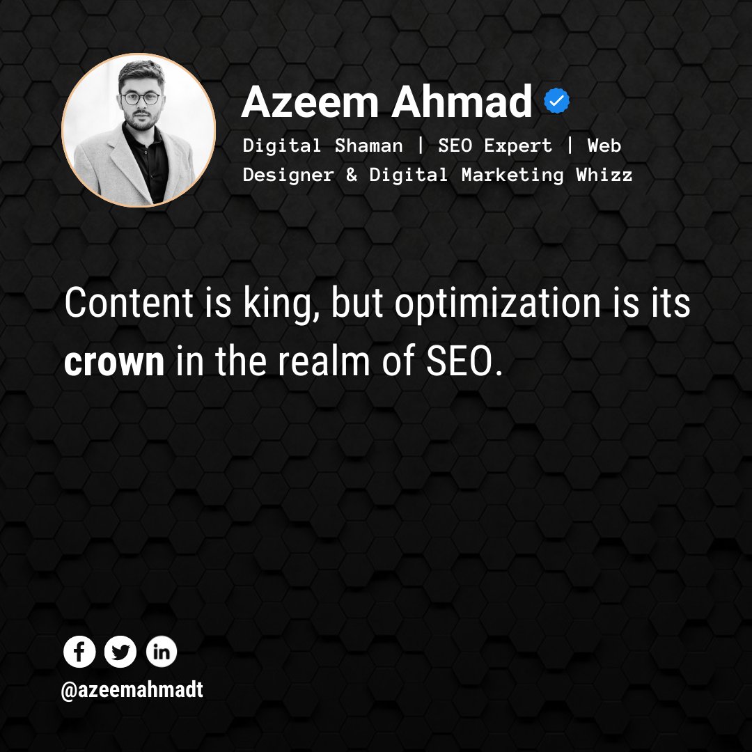 Content rules, but optimization crowns it in SEO. It's not just about great content; it's about making sure it shines bright enough for everyone to see in the vast online world.
#SEO #SearchEngineOptimization #AzeemAhmad