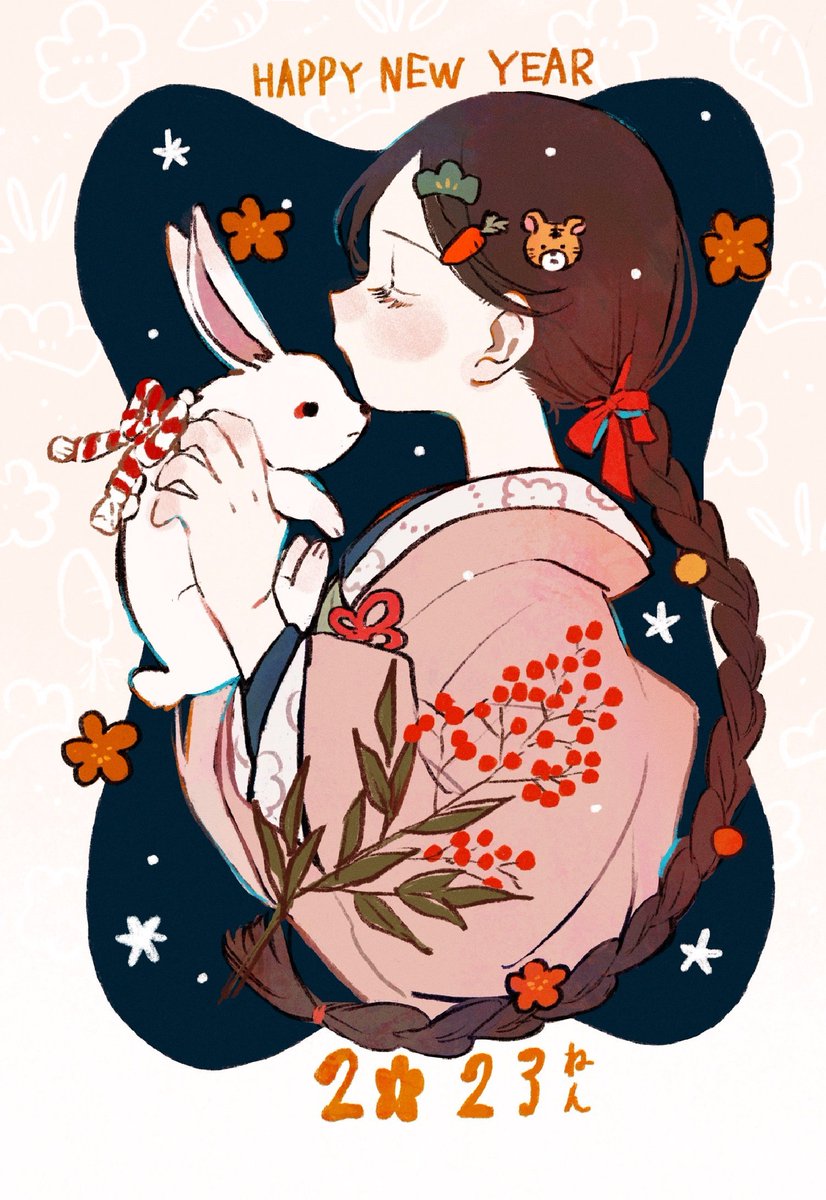 1girl braid hair ornament holding animal long hair new year rabbit  illustration images