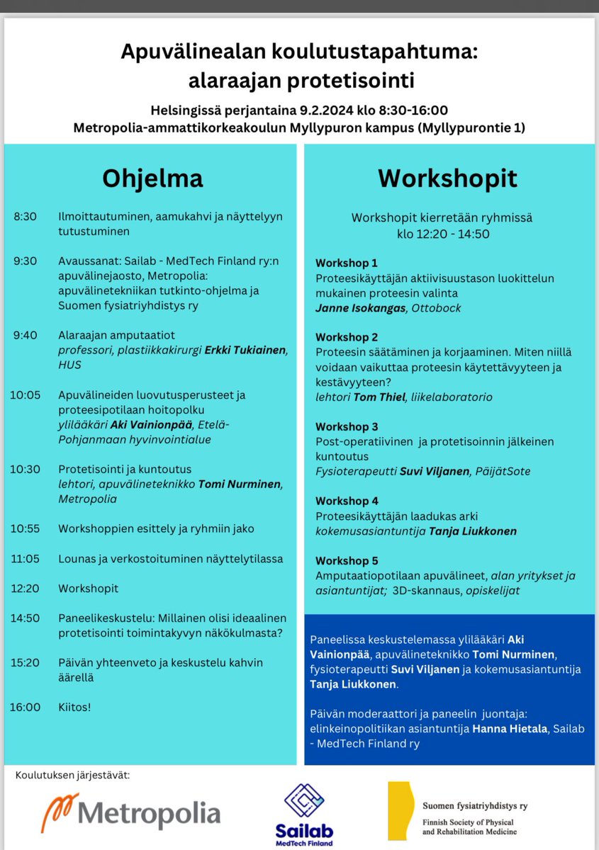 Vielä ehtii ilmoittautua Fysiatriyhdistyksen Protetisointi-koulutukseen 9.2.2024. Yhdistyksen jäsenille alennettu hinta. Paikalle tulossa myös fysioterapeutteja ja apuvälineteknikkoja, joten paikat menevät, pidä kiirettä!
Ilmoittautuminen:
link.webropol.com/s/proteesikoul…