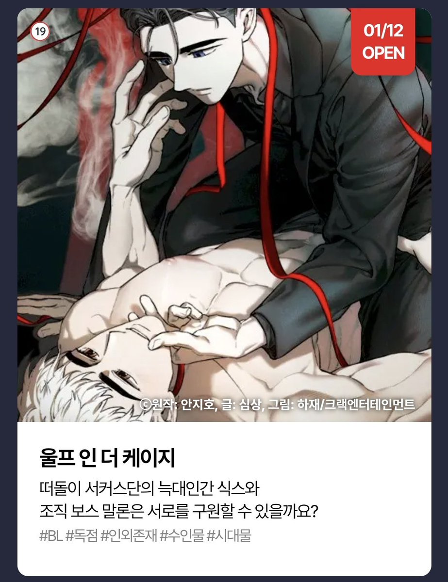 안지호 작가님의 <울프 인 더 케이지> 작화 맡게 되었습니다! 1월 12일 오픈! 많은 관심 부탁드립니다🥰🥰