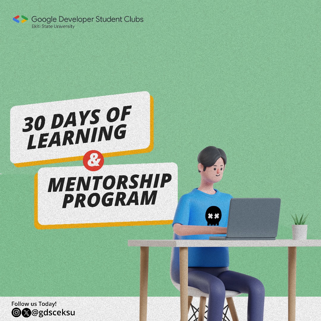 gdg_Eksu's tweet photo. Learning without a mentor is difficult, if not impossible. That's why #gdsceksu in collaboration with #techhubeksu, presents #30DaysOfLearning coupled with #MentorshipProgram
Click the link to register->
https://t.co/eAUGMoQ1Z0
#GoogleDevelopersStudent #learnwithgdsceksu #gdsc https://t.co/wR6v3K3Fzz