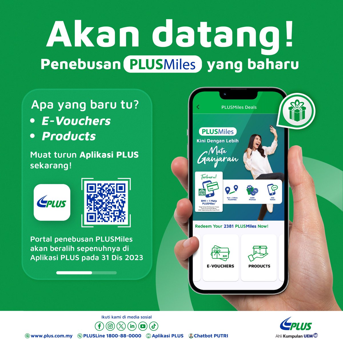 plus2u's tweet image. TERBAHARU!

Penebusan Mata Ganjaran PLUSMiles untuk “e-Vouchers” dan “Products” boleh dilakukan di Aplikasi PLUS mulai 31 Disember 2023. Jadi, tunggu apa lagi? Muat turun Aplikasi PLUS hari ini di bit.ly/3pO2PYs

#PLUSMiles
#PLUSApp
#PLUS_Comfort 
#PLUS_Safety