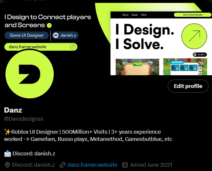 I'm a Roblox Game UI Designer with over 3 years of experience, creating visually appealing and user-friendly interfaces for <a href="/Roblox/">Roblox</a> Games

500Million+Visits worked →<a href="/gamefamstudios/">Gamefam Studios</a>, <a href="/russotalks/">Russo</a> <a href="/MetaMethodPT/">MetaMethod</a>,<a href="/GamesButBlue/">Games But Blue</a> 

Portfolio:danz.framer.website

📩Discord: danish.z
