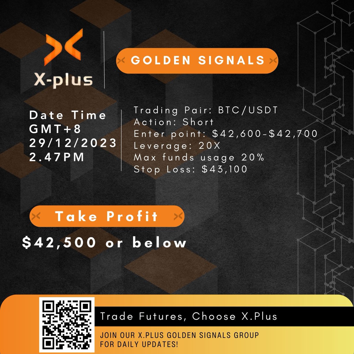 xplusexchange's tweet photo. GOLDEN SIGNAL UPDATE! 🚀(BTC/USDT) Stay updated and get daily signals like this from us on our Telegram Golden Signals Group (https://t.co/ZL4g4dWjVk) 

Start Your Futures Trading Journey by depositing funds using the https://t.co/F12Vpwc7N4 app and get a chance to win a Tesla! https://t.co/EqwJRk4eg5