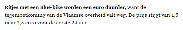 Het gaat lekker met de modal shift en de duurzame mobiliteit in Vlaanderen. Fietsen met een Blue Bike wordt 66% duurder in 2024, door de afschaffing van de tegemoetkoming van <a href="/vlaamseoverheid/">Vlaamse overheid</a>. 😵‍💫