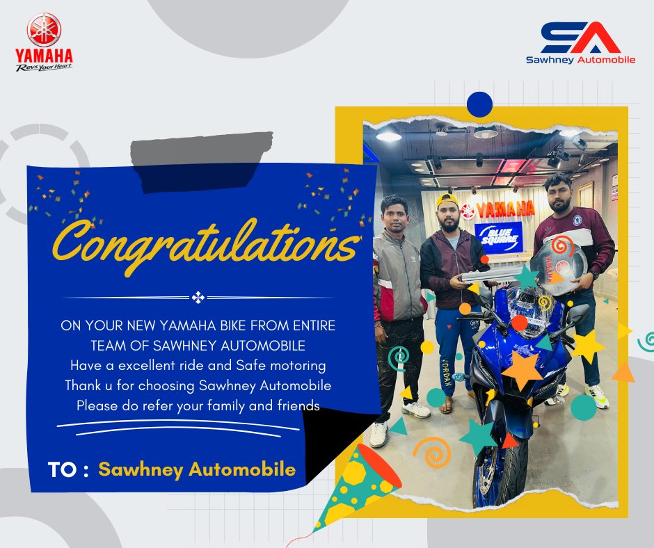 Sawhney_Auto's tweet photo. Congratulations🎉 on your new YAMAHA Bike from entire team of Sawhney Automobile
Have a excellent ride and Safe motoring 😍
Thank u for choosing Sawhney Automobile❤️
Please do refer your family and friends
.
.
#congratulations #yamaha #bluesquare  #sawhneyautomobile #sawhneyauto https://t.co/4n54qGPzAZ