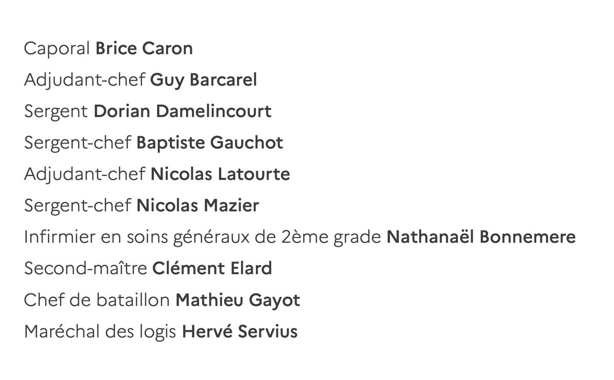 Je ne peux revenir sur 2023 sans rendre hommage aux soldats, au marin et à l’aviateur morts en service cette année. 

La Nation s’incline respectueusement devant leur mémoire et pense à leurs proches.