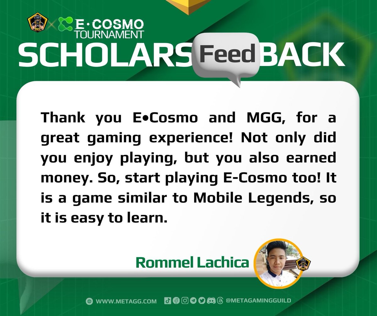 MetaGamingGuild's tweet photo. 🗣️ Scholars’ Feedback 🔛 MGG x E•Cosmo Tournament
Let’s hear it from our MGG scholars! See what they've got to say about the game, and best of luck to all aiming to be on the next @E__Cosmo Leaderboard! 🚀
#ECosmo #MGG #metagamingguild #esports #tournament #ML #GamerFeedback https://t.co/6eMjNKJLFi