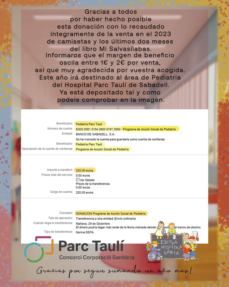 JimenaVolana's tweet photo. Gracias a todos por haber hecho posible esta donación con lo recaudado íntegramente de la venta en el 2023 de camisetas y los últimos dos meses del libro Mi Salvasílabas. Informaros que el margen de beneficio oscila entre 1€ y 2€ por venta, así que @parctauli https://t.co/xyADJG9tpb