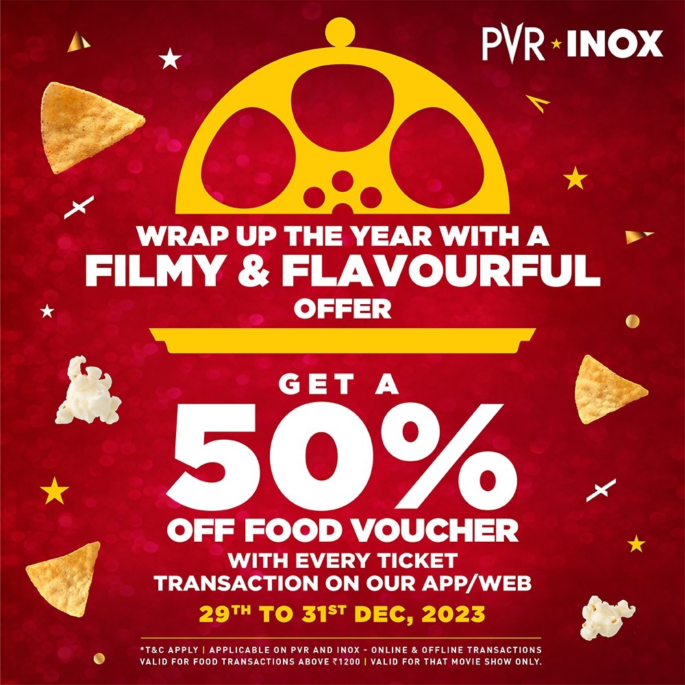 INOXMovies's tweet photo. Make it a star-studded farewell! Indulge in our filmy and flavorful offer to close the year with a taste of glamour! 🌟 Get a 50% off food voucher with every ticket transaction on our app/website from 29th to 31st December '23. 🎉
.
.
.
*T&Cs Apply
#FoodOffer #Offer #Discount #Deal #PVRINOXOffer #FreeFoodVoucher #BookNow #AvailNow