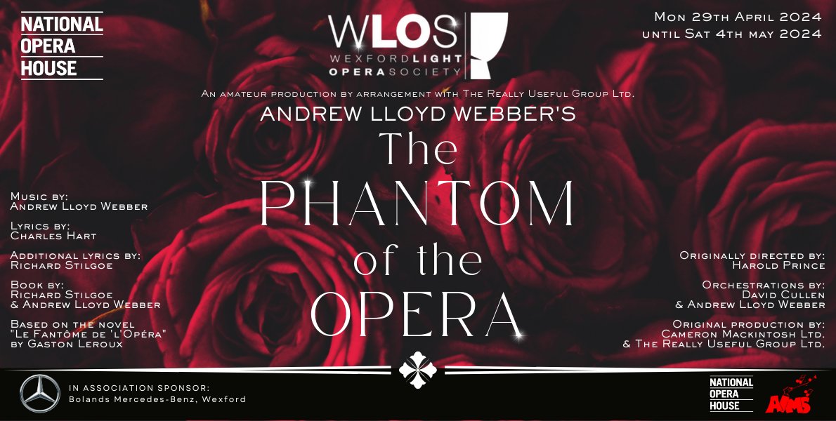 <a href="/WxLightOperaSoc/">Wexford Light Opera</a> presents 'The Phantom of the Opera' by Andrew Lloyd Webber.

This phenomenal musical is granted very few producing rights, making it very rare to see outside the West End.  
29 April - 4 May 2024
Tickets: €37/€32 + Facility Fee
👉 rebrand.ly/wgvpa2h