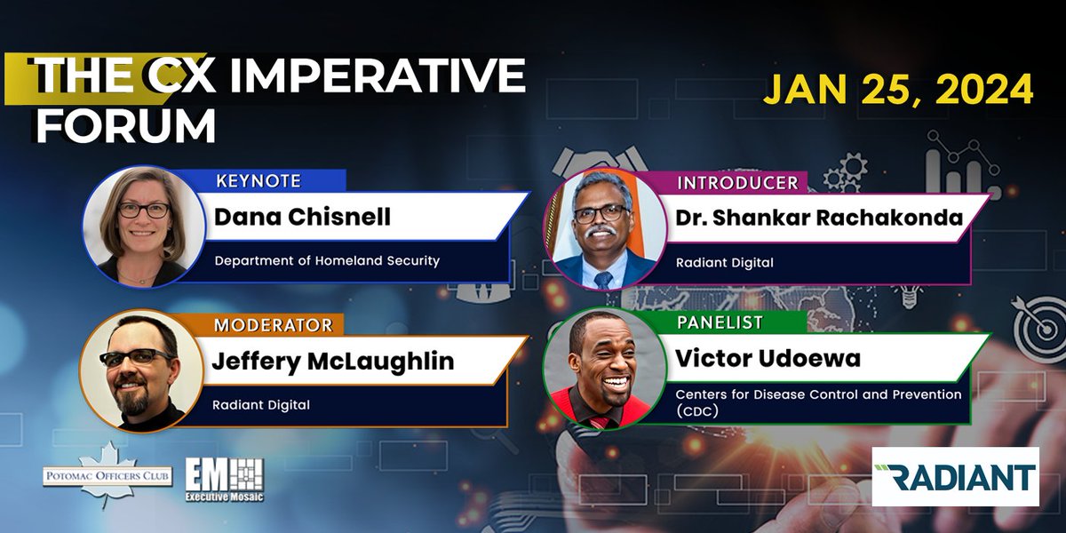 jimgarrettson's tweet photo. Dr. Shankar Rachakonda and Jeffery McLaughlin of #RadiantDigital will join the CX Imperative Forum by Potomac Officers Club on January 25.
Be sure to secure your ticket today https://t.co/wO1xd5RPpi
#POCCX #EMEvents https://t.co/o3XWplijSK