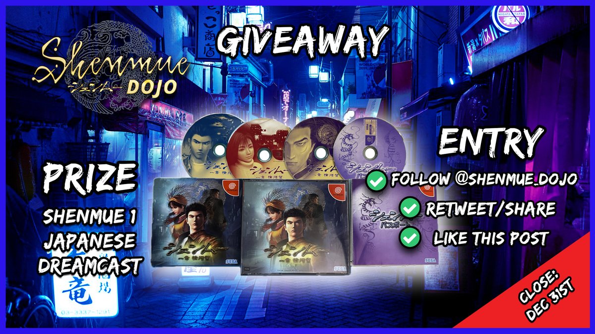 Shenmue_Dojo's tweet photo. 🎁 GIVEAWAY!

To celebrate the 24th Anniversary of the greatest video game of all time we're giving away an authentic Japanese version of #Shenmue 1 for the #SEGA Dreamcast!

🎁 1x Shenmue 1 for JP #Dreamcast

To win:
🆗 Follow
✅ Like
🔄 Repost

Close: 31/12/23
🌏 Open Worldwide https://t.co/igbls1nM8N