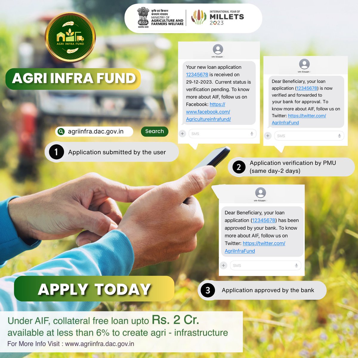 Explore the @AgriInfraFund Loan Application Stages :-

#agriinfrafund #agrigoi #postharvest #loanprocess #loanverification #applicationprocess #banks #process #applytoday #moafw #viksitbharatsankalpyatra #smartfarming #mygovindia #trending
@AgriGoI @PIBAgriculture @PIB_India